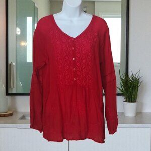 Johnny Was Red Embroidered Button-Front Long Sleeve Tunic Blouse‎ Size S